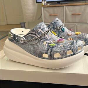 Denim Pattern Clogs with Charms and Chain